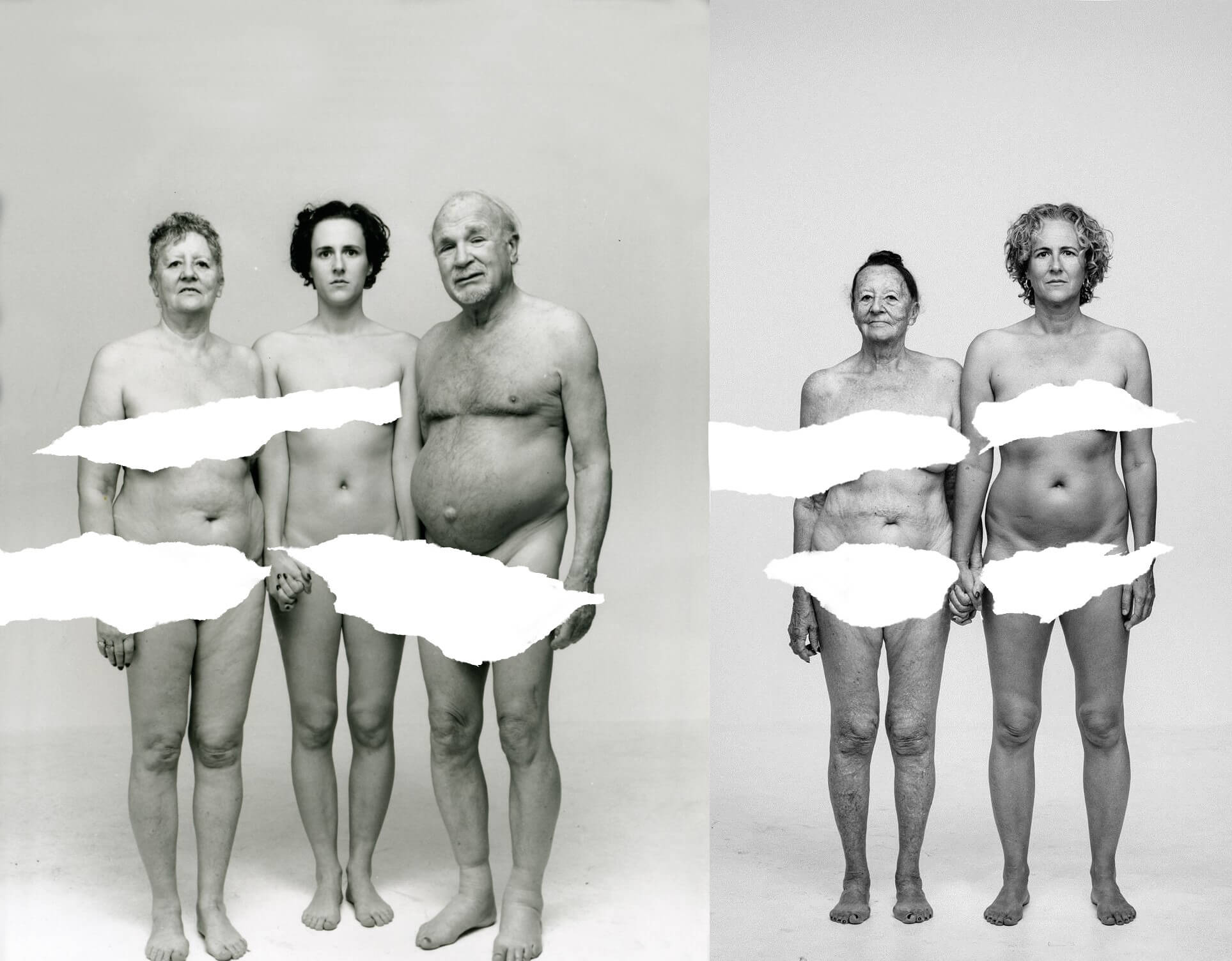 Black and white portraits side by side. A young woman holds hands with her parents, all naked with genitals covered.